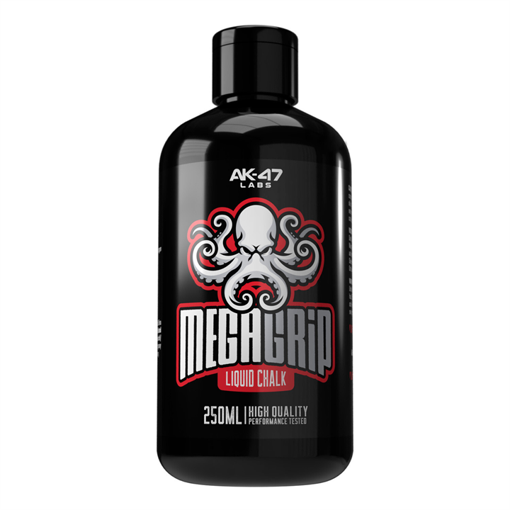 Black plastic bottle of AK-47 Labs Mega Grip Liquid Chalk 250ml for better grip