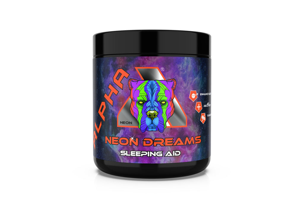 Black container of Neon Dreams Sleeping Aid with colorful dog label, boosts energy