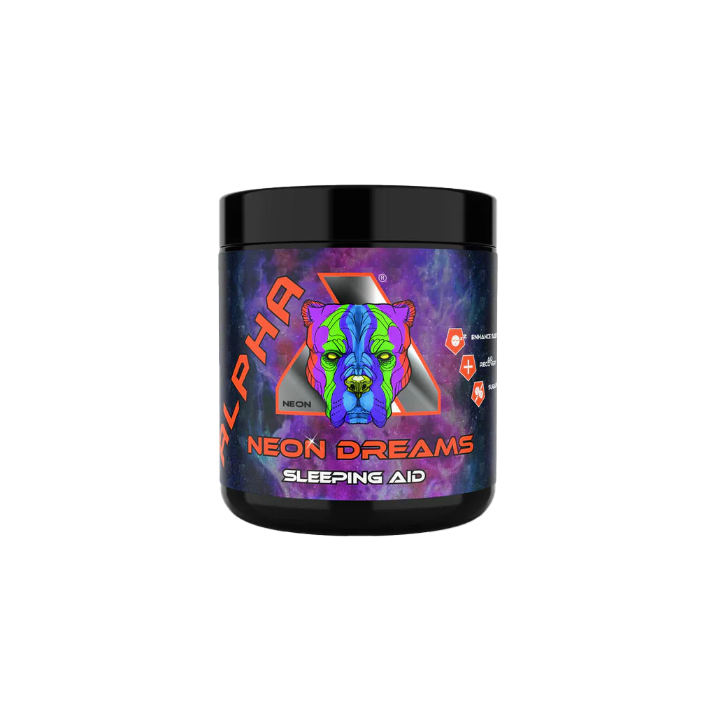 Supplements container with Neon Dreams Sleeping Aid and vibrant dog graphic, orange mango flavor