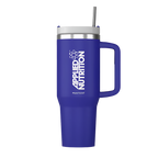 Blue Applied Nutrition Cooler Cup with large capacity, insulated design, and metal straw