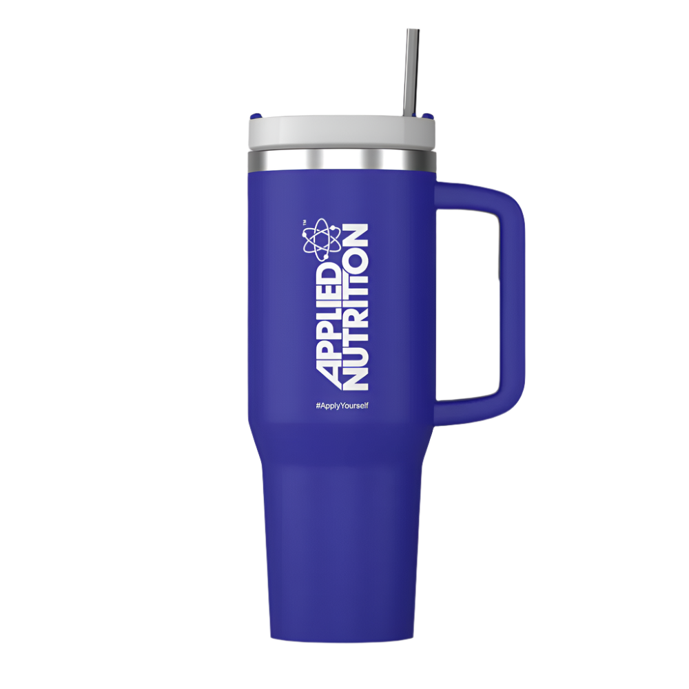 Blue Applied Nutrition Cooler Cup with large capacity, insulated design, and metal straw