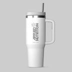 White handled Applied Nutrition Cooler with straw, large capacity nutrition cooler cup