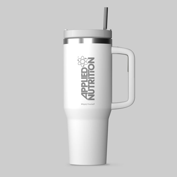 White handled Applied Nutrition Cooler with straw, large capacity nutrition cooler cup
