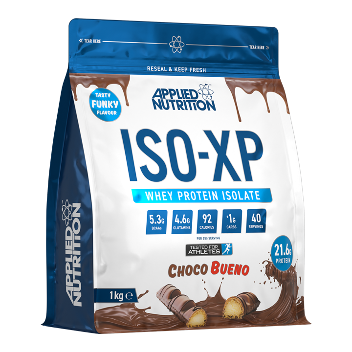 Choco Bueno flavored whey protein isolate powder in resealable bag for easy mixing - Applied Nutrition Iso-XP