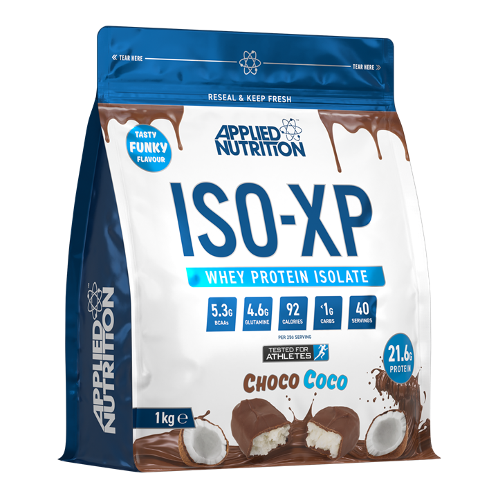 Applied Nutrition Iso-XP chocolate coconut-flavored whey protein isolate powder for easy mixing