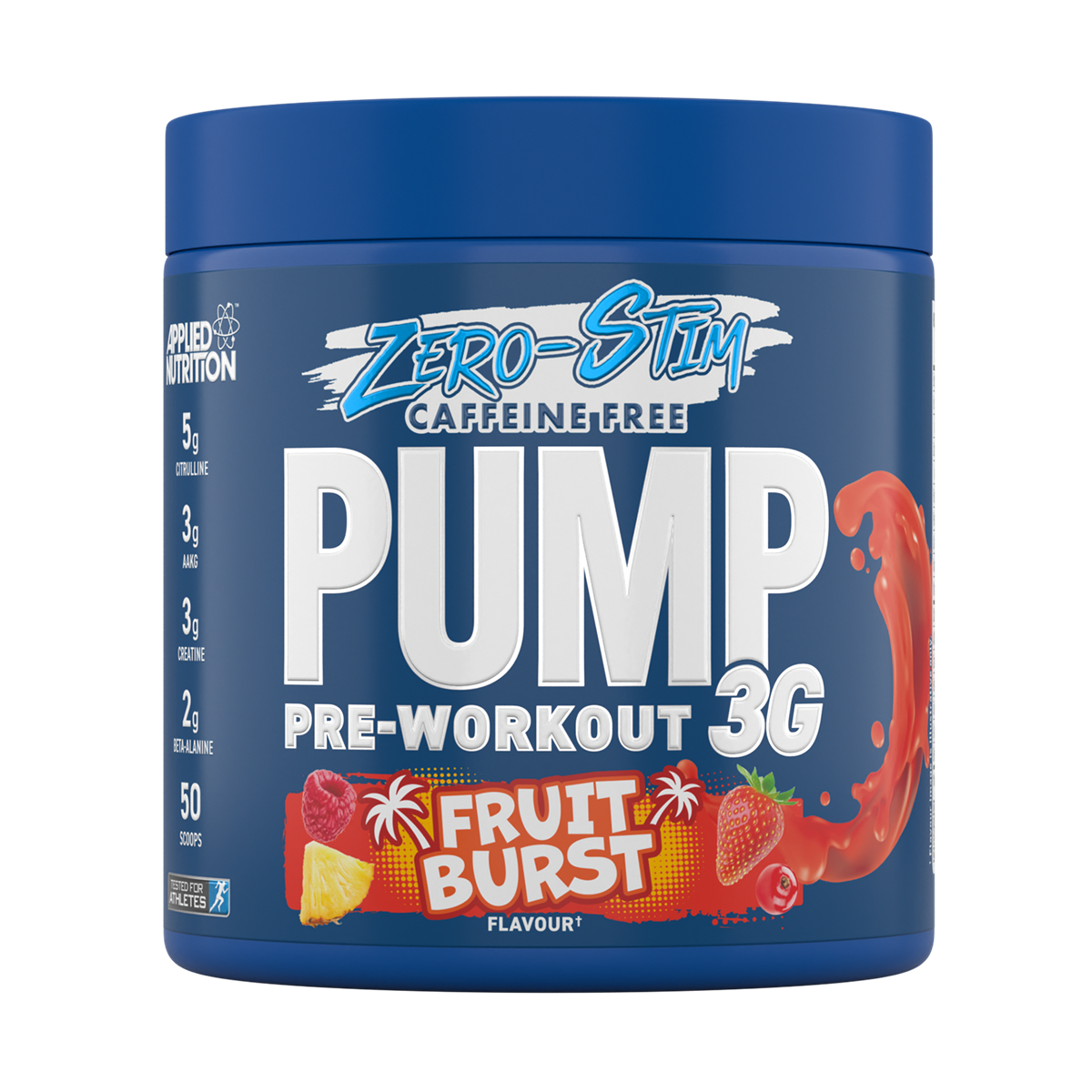 Blue Applied Nutrition Pump 3G Zero container with fruit burst flavor featuring citrulline malate and vitamin B12