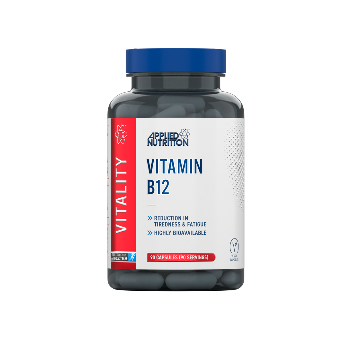 Dark gray Applied Nutrition VITALITY B12 supplement bottle with blue cap supporting energy
