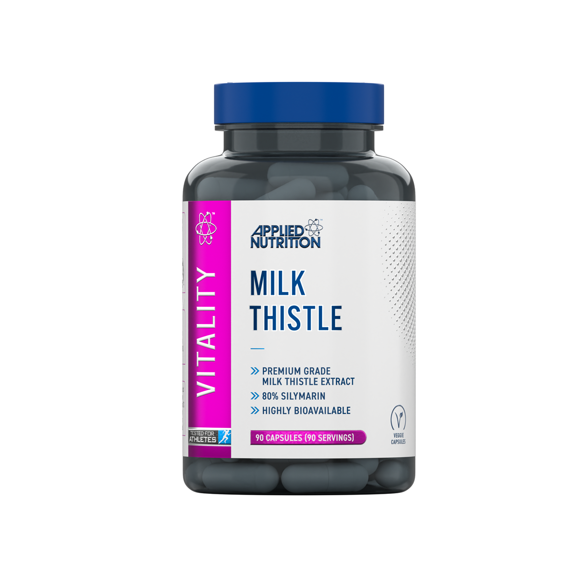 Bottle of Applied Nutrition VITALITY Milk Thistle 90 Veg Caps for liver support and herbal health