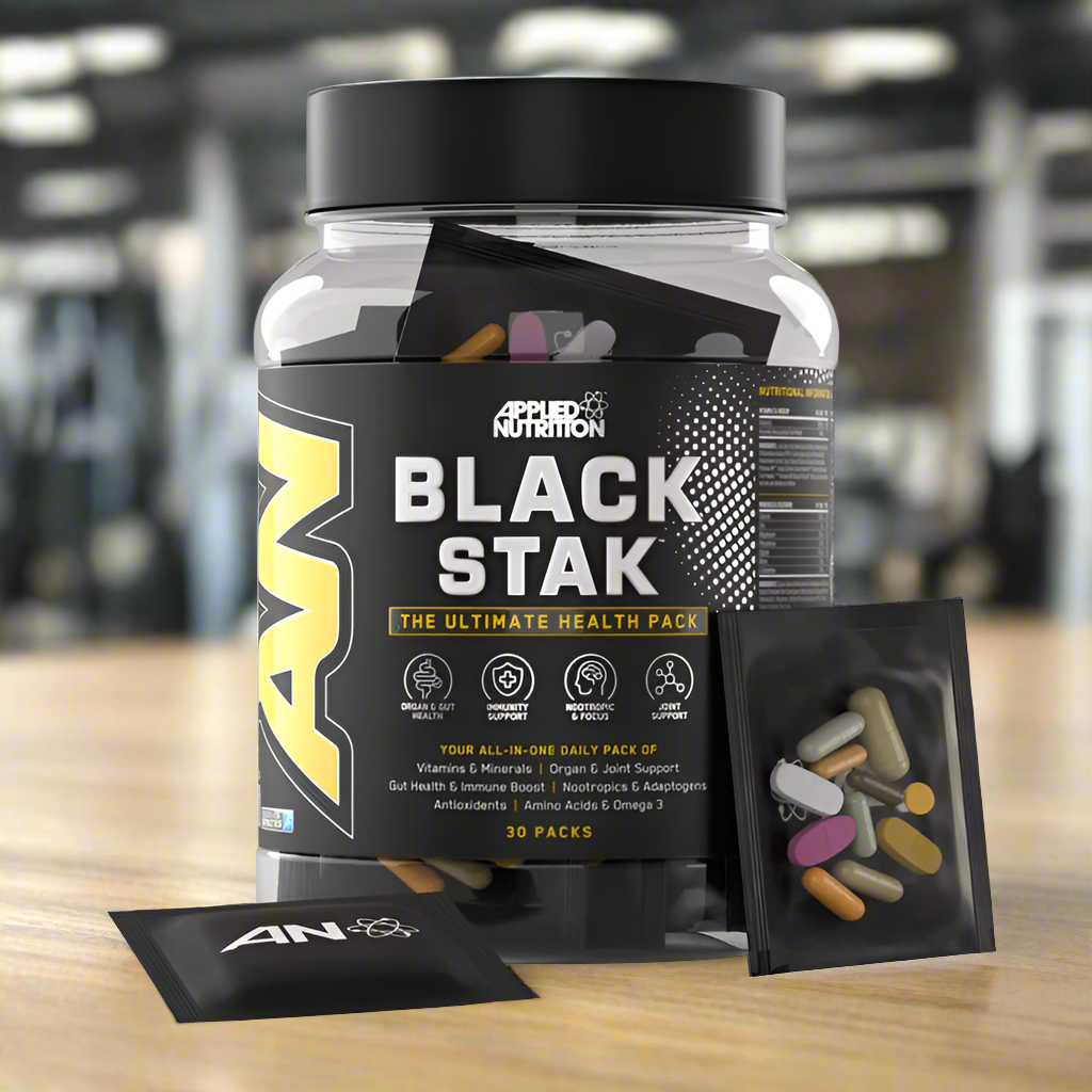 Clear jar of Applied Nutrition Black Stak daily health packs with capsules and root extract