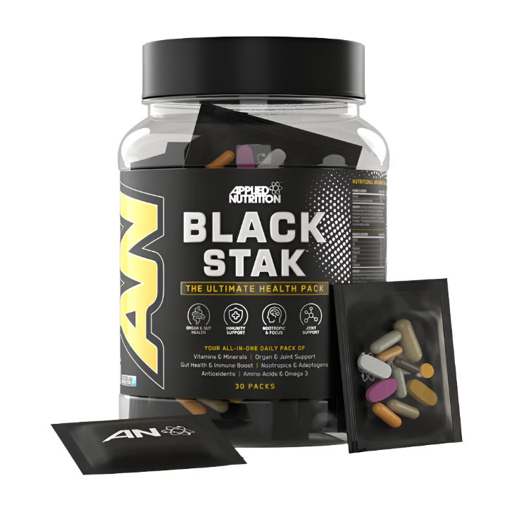 Black Plastic Container of Applied Nutrition Black Stak with capsules, root extract, orthophosphoric acid
