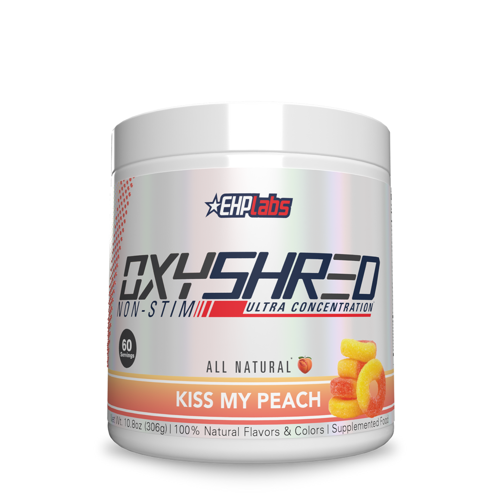 White and orange tub of peach-flavored EHP Labs OxyShred Non-Stim for fat loss