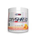 White and orange tub of peach-flavored EHP Labs OxyShred Non-Stim for fat loss