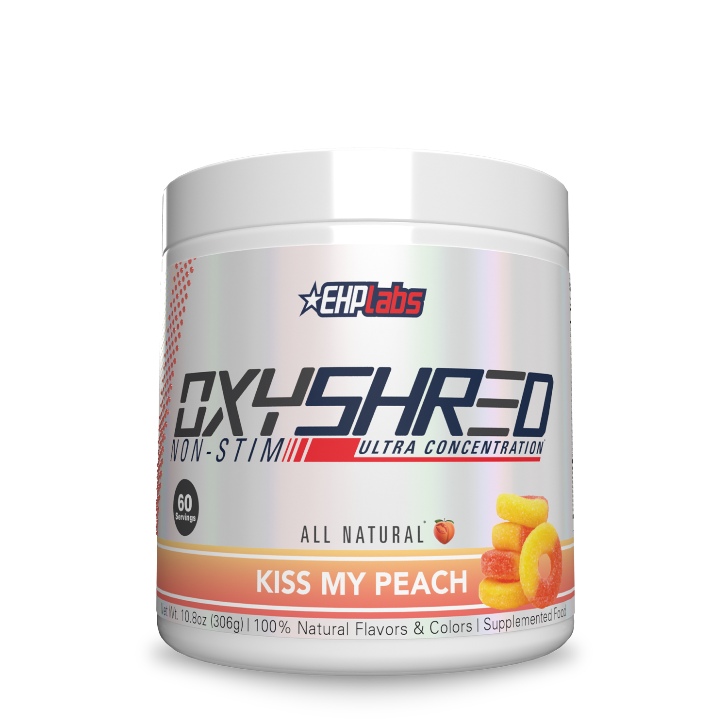 White and orange tub of peach-flavored EHP Labs OxyShred Non-Stim for fat loss