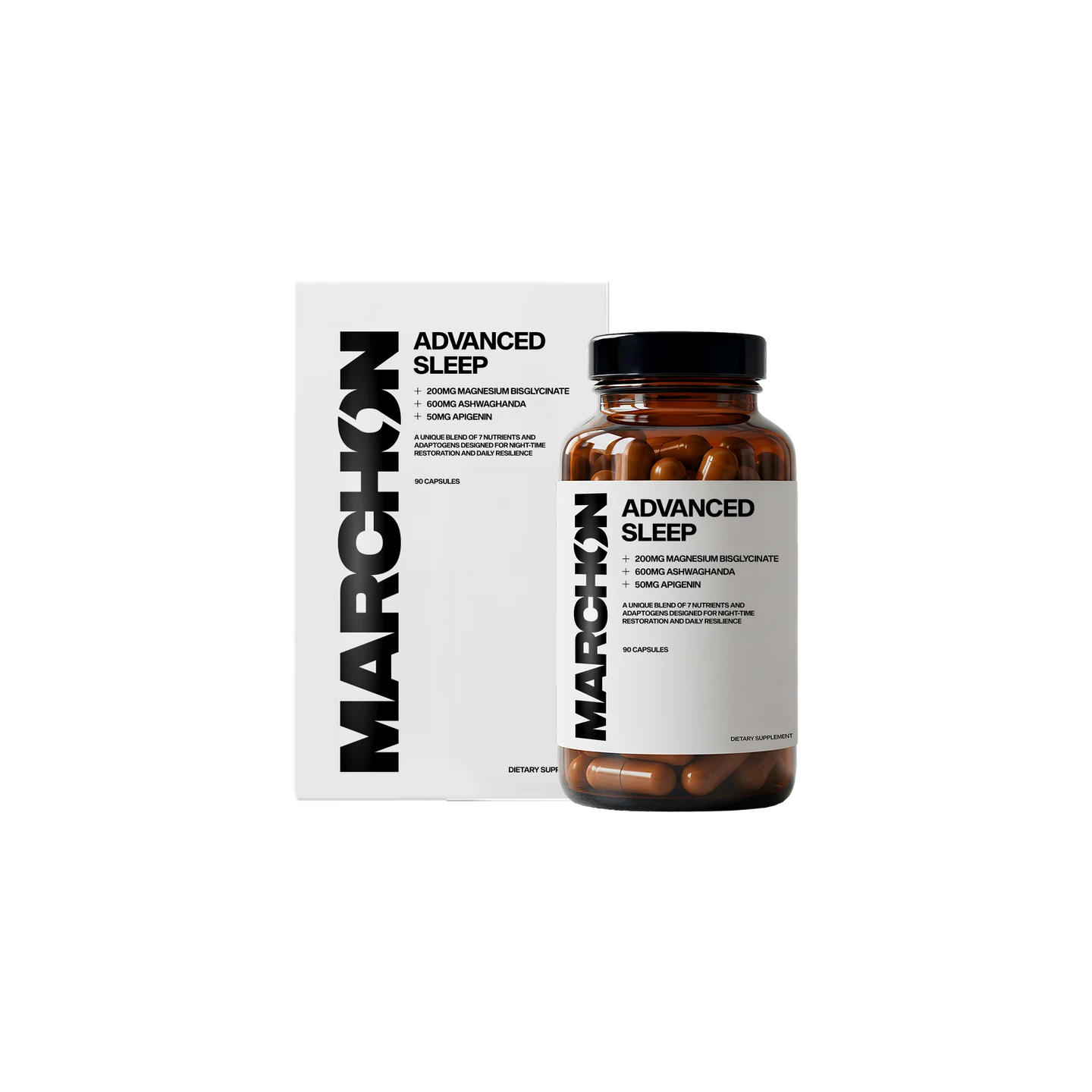 Marchon Advanced Sleep supplement bottle and packaging on a white background