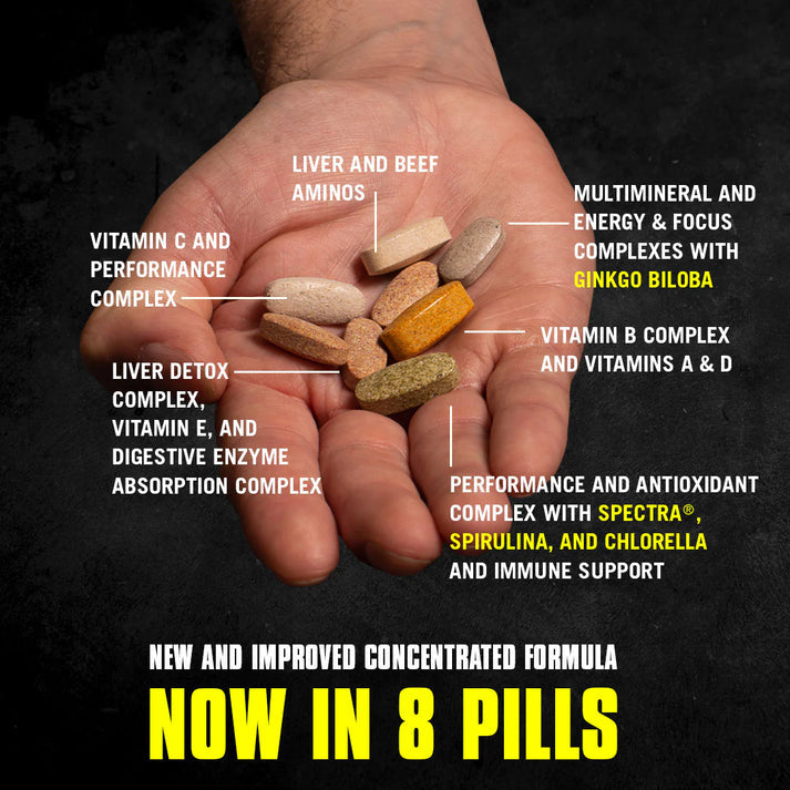 Animal Pak vitamins and supplements in an open palm, great-tasting powder option