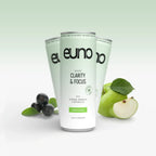 Three Euno Clarity & Focus Nootropics Drink cans with apple and acai flavors