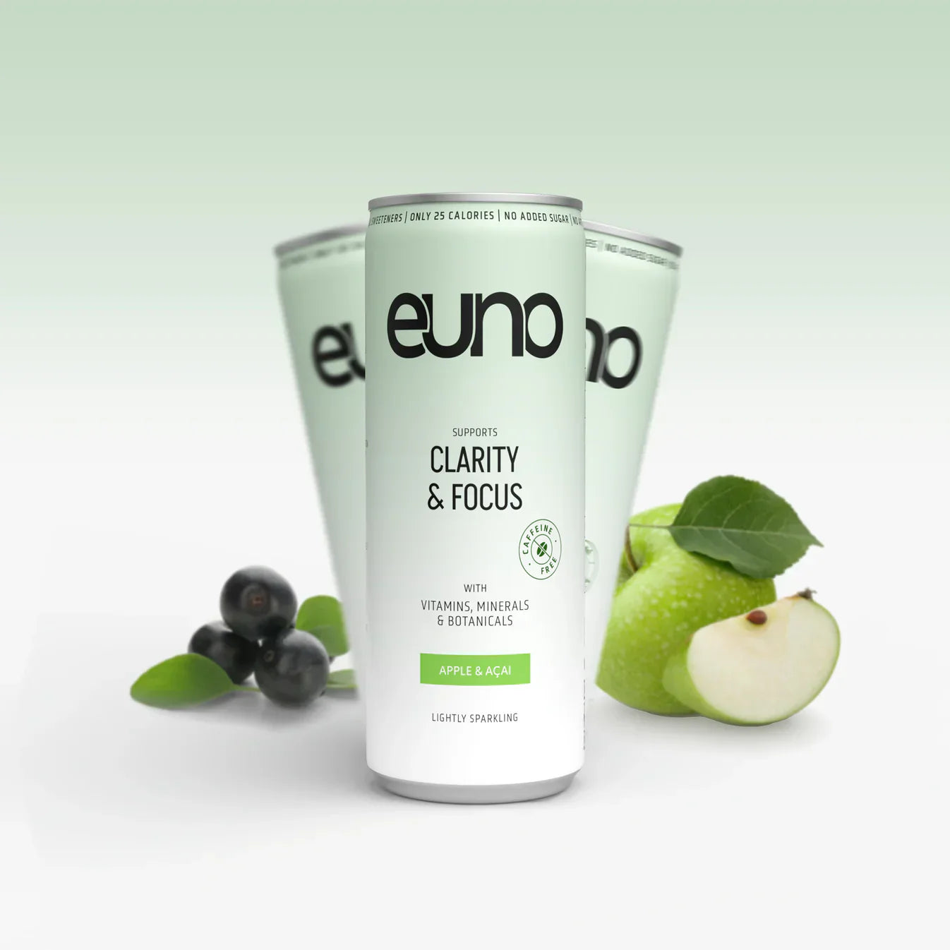 Three Euno Clarity & Focus Nootropics Drink cans with apple and acai flavors