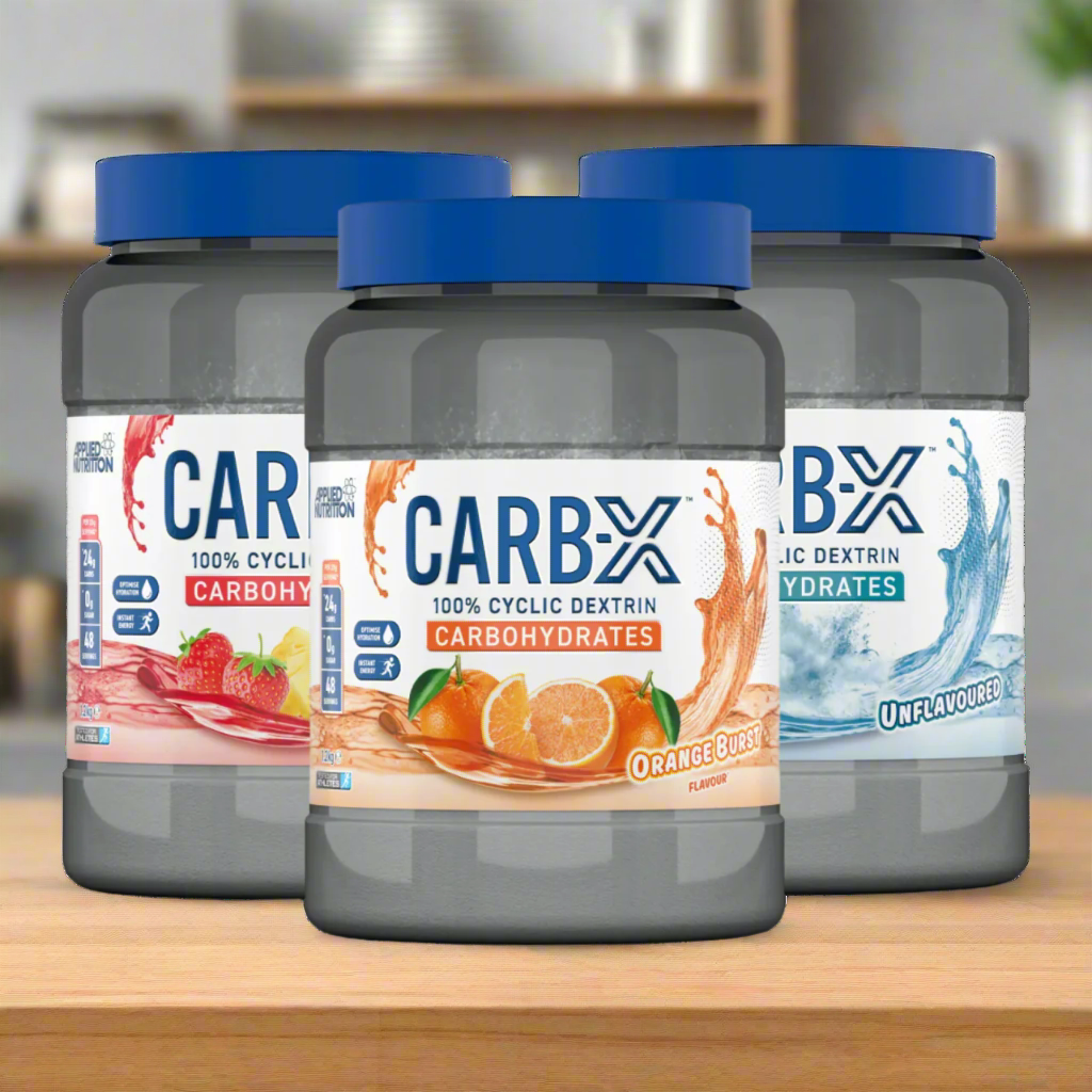 Applied Nutrition Carb X with strawberry, orange, and unflavored cyclic dextrin powders