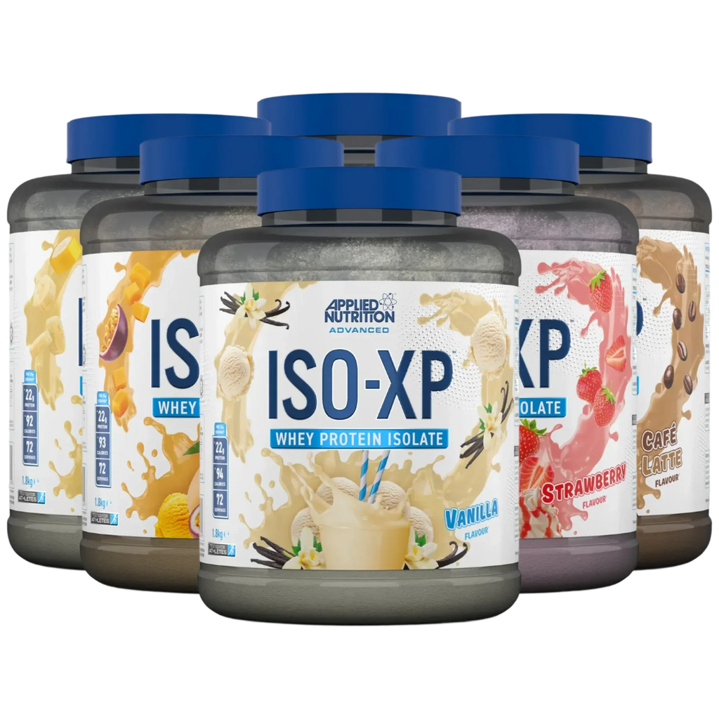 Applied Nutrition Iso-XP flavored whey protein isolate powders in containers for easy mixing