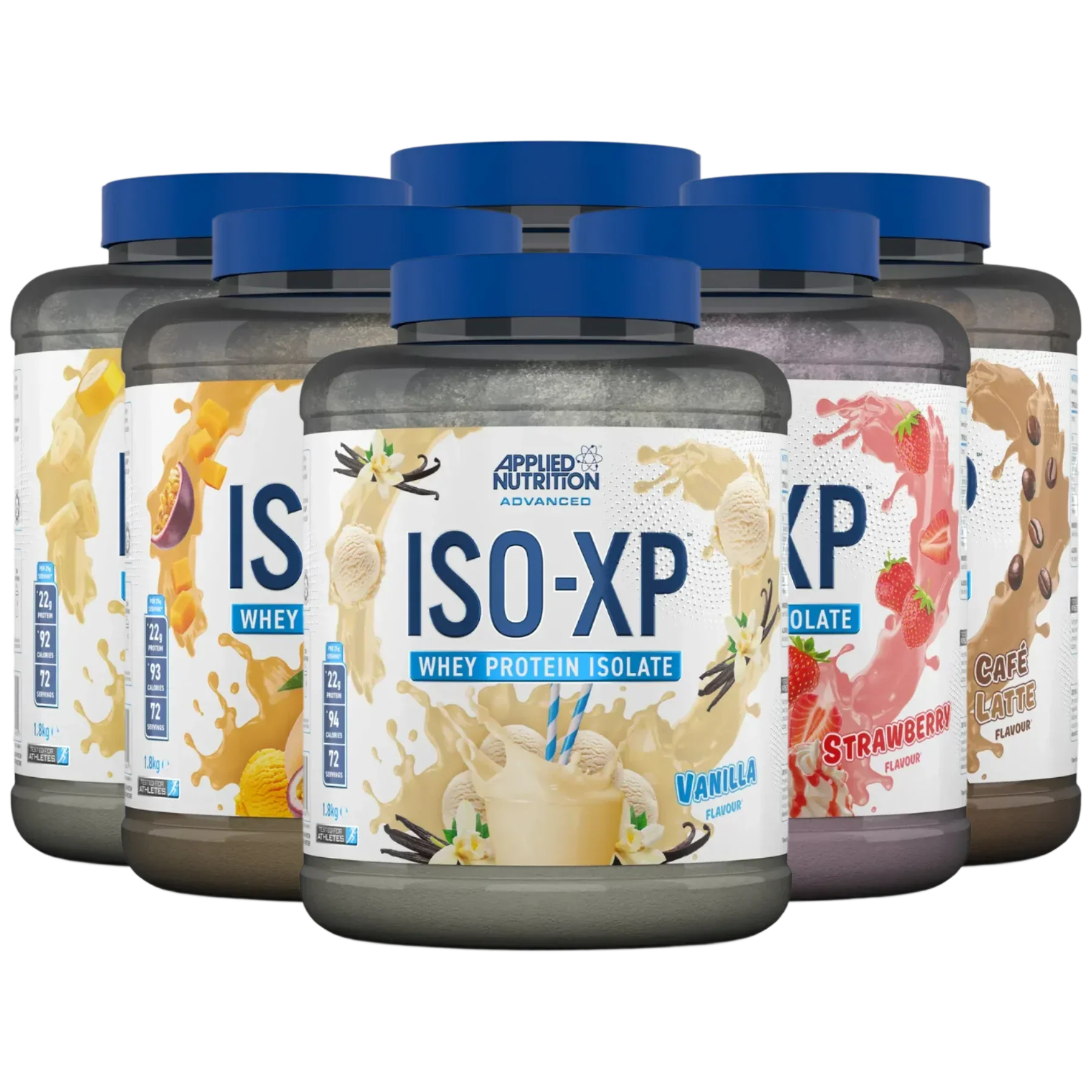 Applied Nutrition Iso-XP flavored whey protein isolate powders in containers for easy mixing