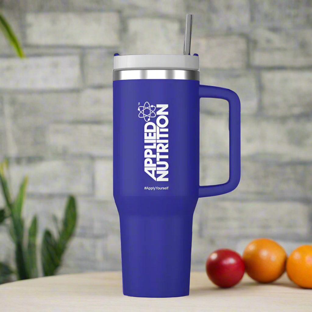 Blue Applied Nutrition Cooler Cup with handle and straw, large capacity nutrition cooler