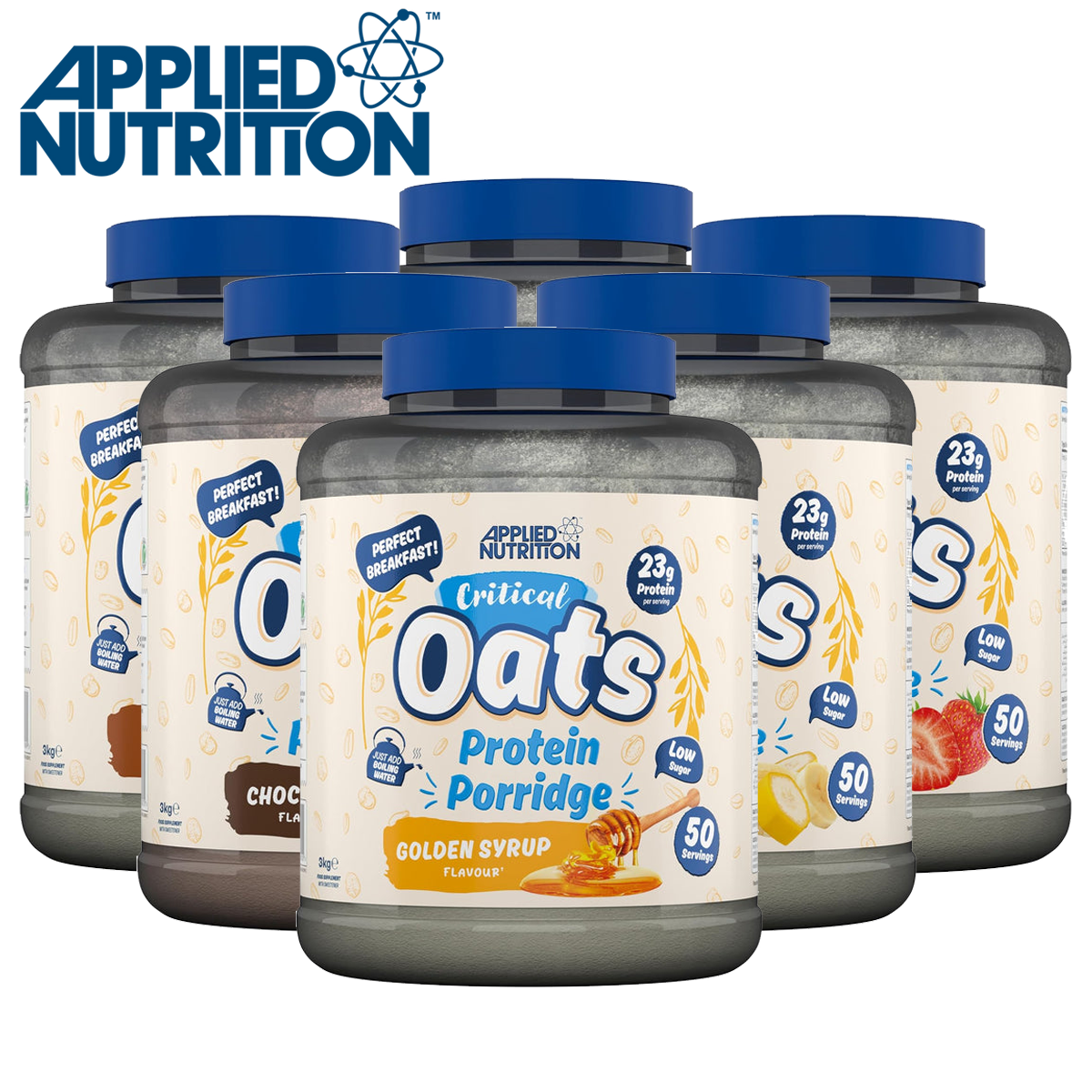 Applied Nutrition Critical Oats protein porridge containers with organic wholegrain oats and whey protein