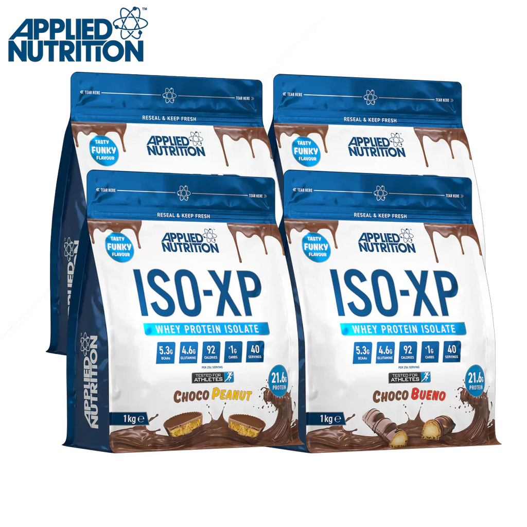 Two Applied Nutrition Iso-XP whey protein isolate bags for easy mixing and muscle gain