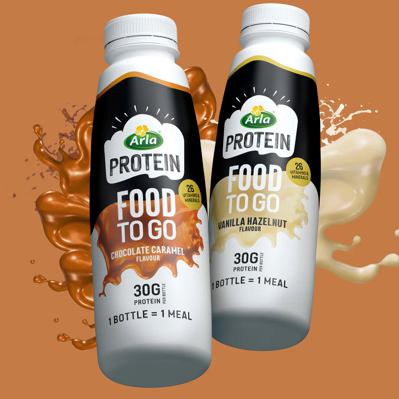 Arla Protein Food To Go meal replacement shakes in caramel flavor and vanilla hazelnut