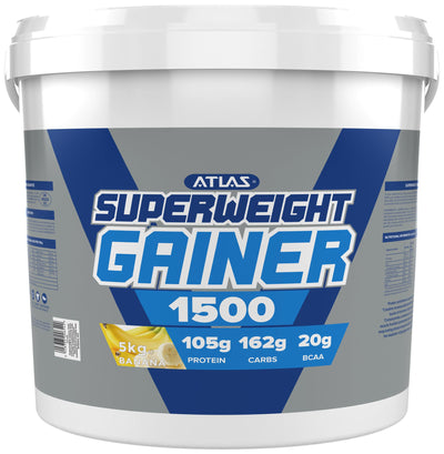 Atlas Superweight Gainer 1500 tub with banana flavor, protein, carbs, BCAAs for muscle gain