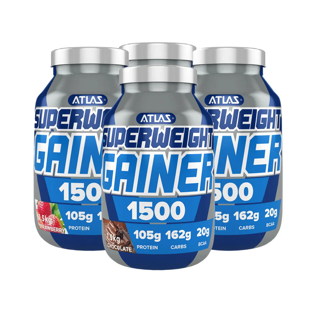 Atlas Superweight Gainer 1500 containers in strawberry and chocolate flavors for muscle gain