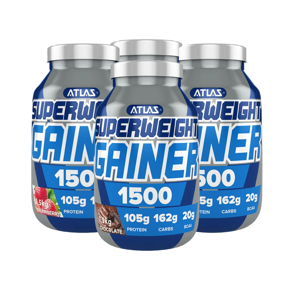 Atlas Superweight Gainer 1500 containers in strawberry and chocolate flavors for muscle gain