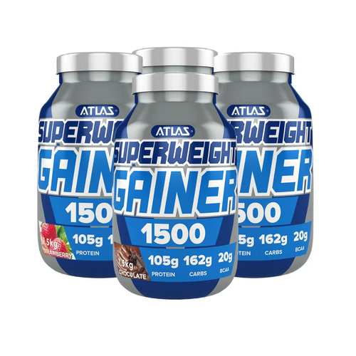 Atlas Superweight Gainer 1500 containers in strawberry and chocolate flavors for muscle gain