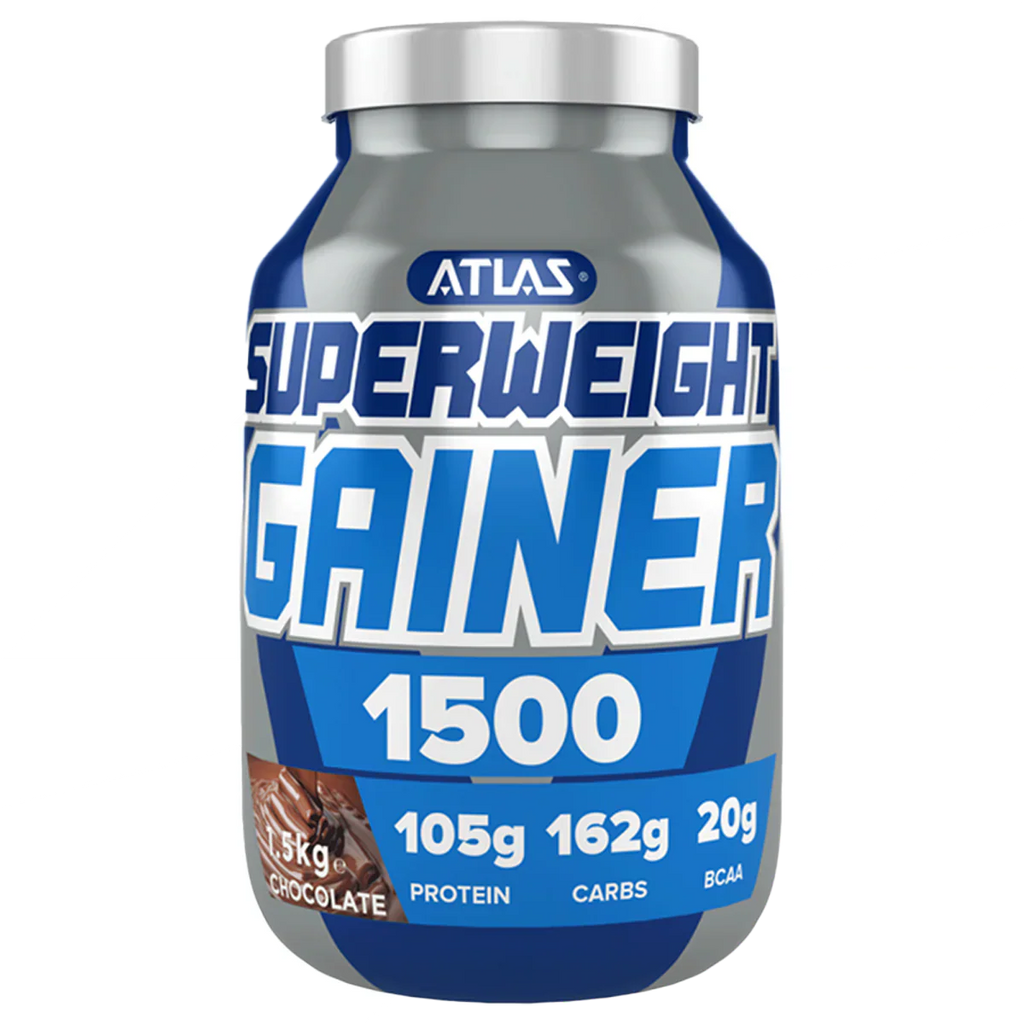 Atlas Superweight Gainer 1500 protein powder with chocolate flavor, high protein and BCAA