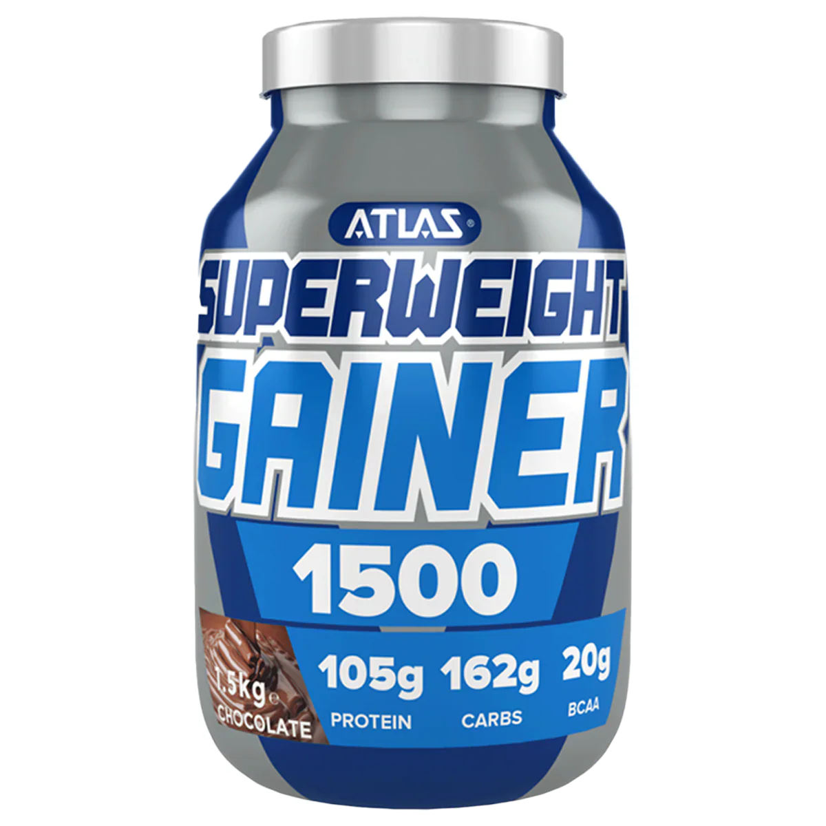 Atlas Superweight Gainer 1500 protein powder with chocolate flavor, high protein and BCAA