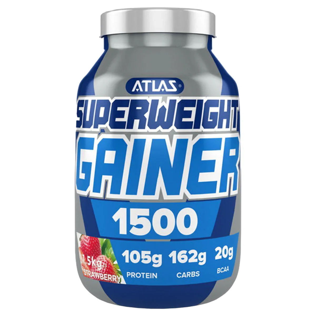 Atlas Superweight Gainer 1500 jar with strawberry flavor, high protein and carbs