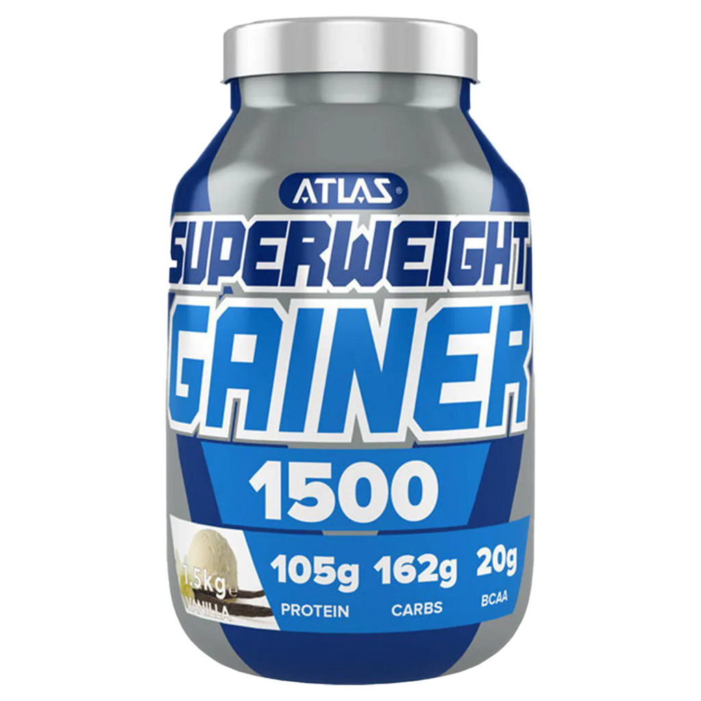 Gray and blue Atlas Superweight Gainer 1500 supplement bottle with white lid