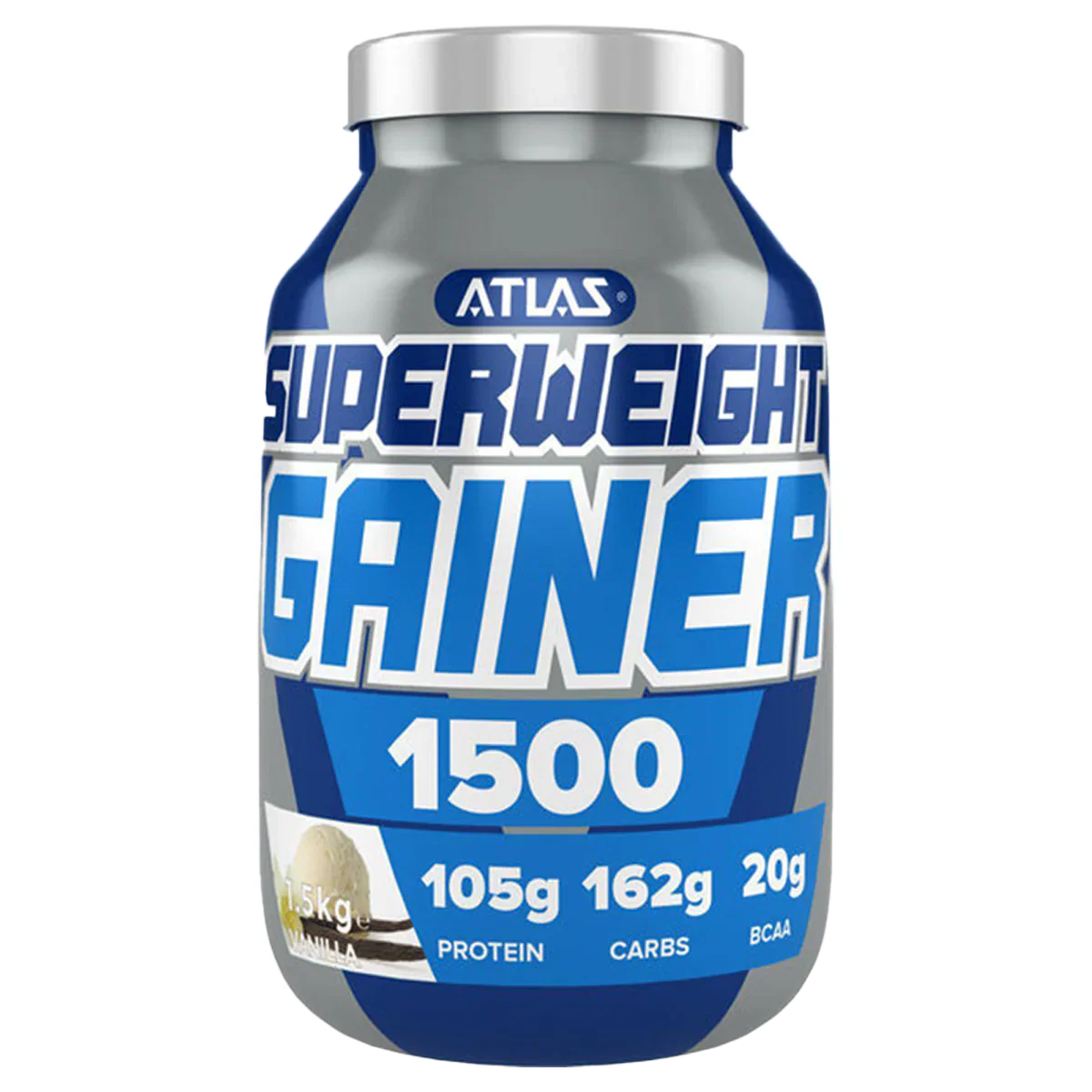 Gray and blue Atlas Superweight Gainer 1500 supplement bottle with white lid