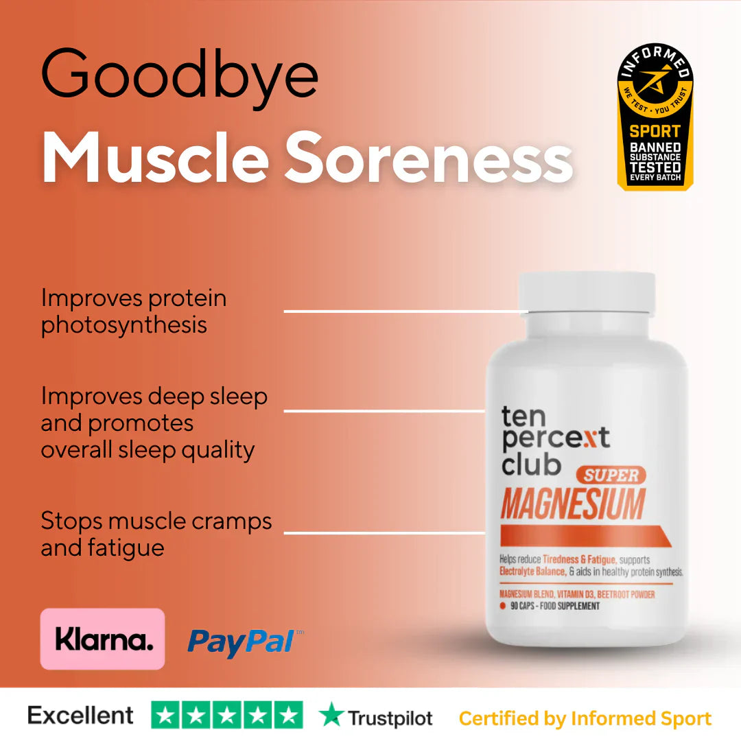 The Ten Percent Club Super Magnesium bottle helps accelerate recovery and supports bone health