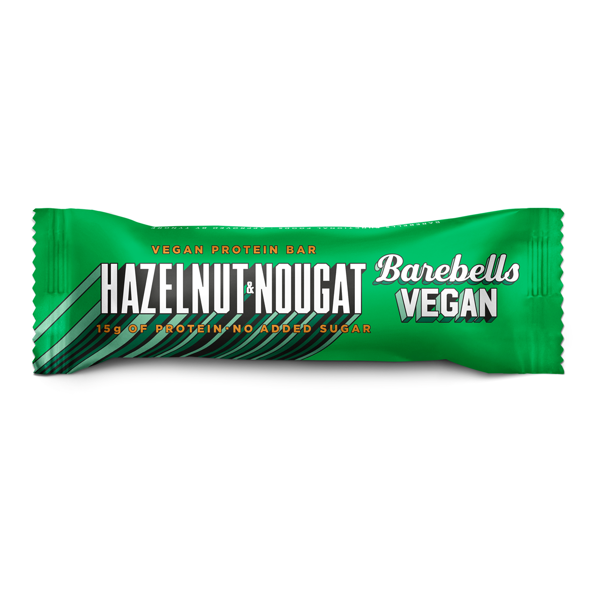 Vibrant green Barebells Vegan Protein Bar with hazelnut, nougat, 15g protein, no sugar