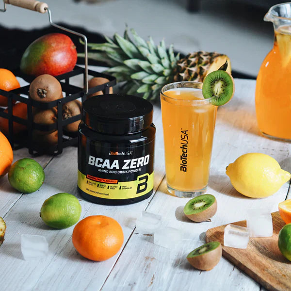 Black jar of BioTech USA BCAA Zero amino acid drink powder for lean muscle and clean nutrition
