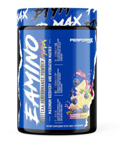 Blue container of Performax Labs Eamino Max 3D amino acids in Blueberry Lemonade flavor