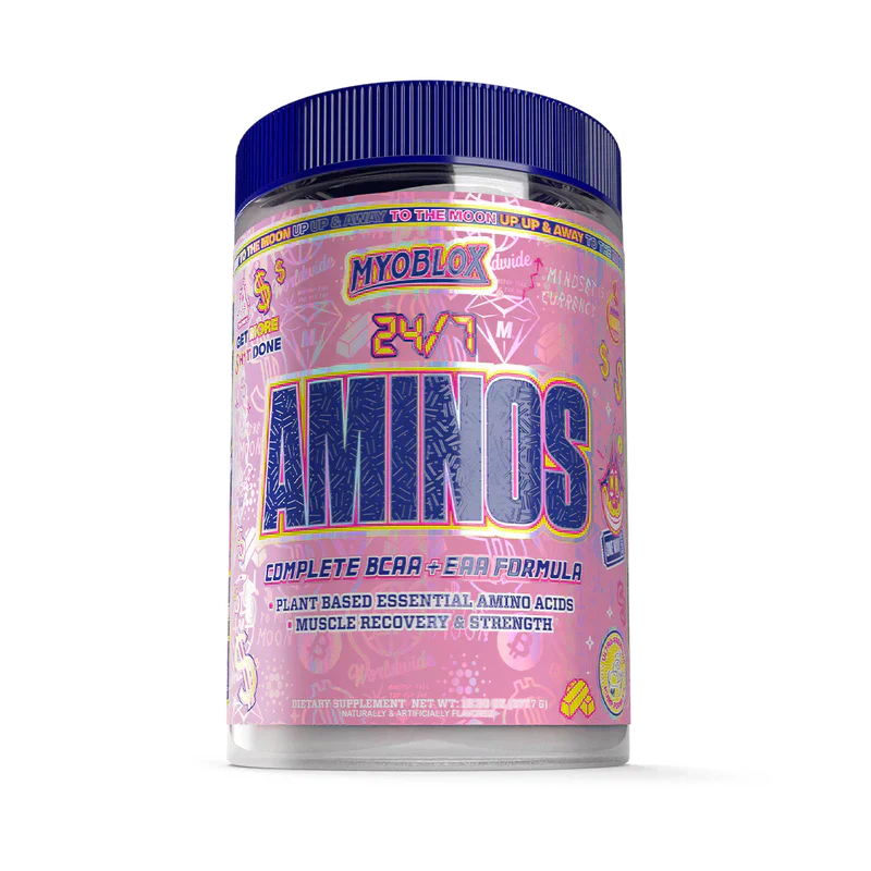 Pink and blue container of amino acids supplements for muscle recovery - MyoBlox 24/7 Aminos