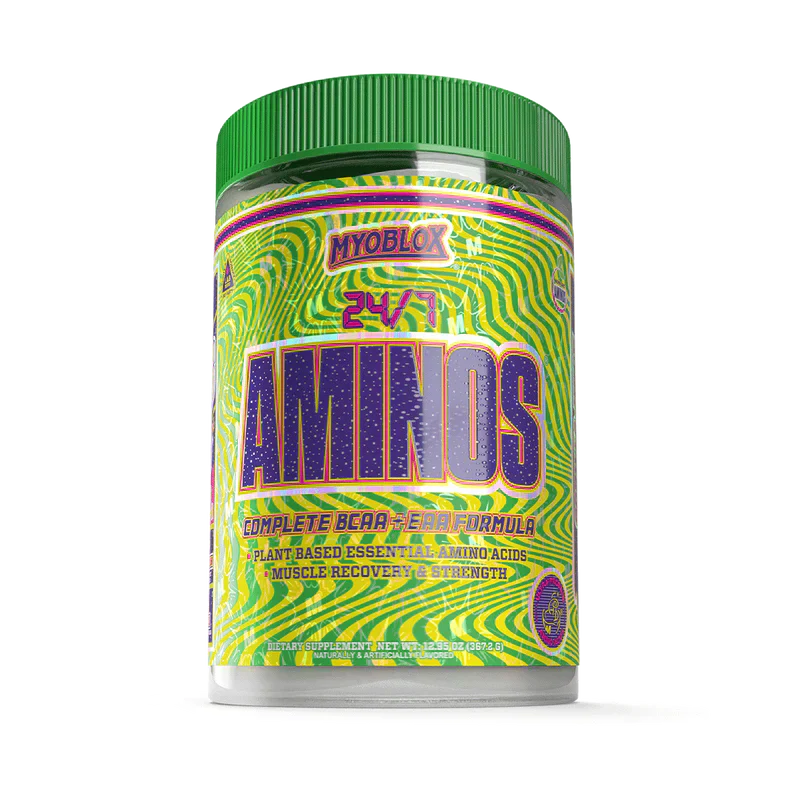 Green-capped MyoBlox 24/7 Aminos jar with vibrant wavy design, packed with amino acids
