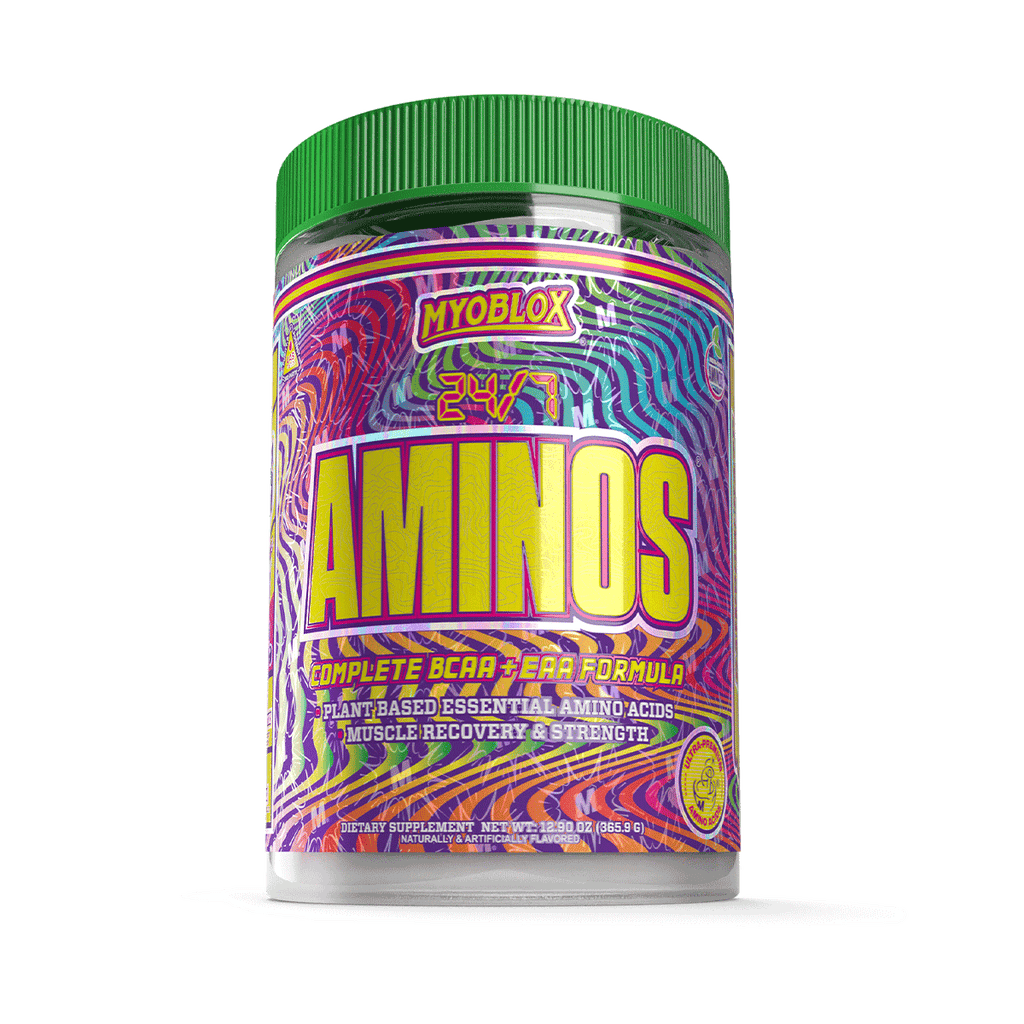 Container of MyoBlox 24/7 Aminos plant-based amino acids for muscle recovery