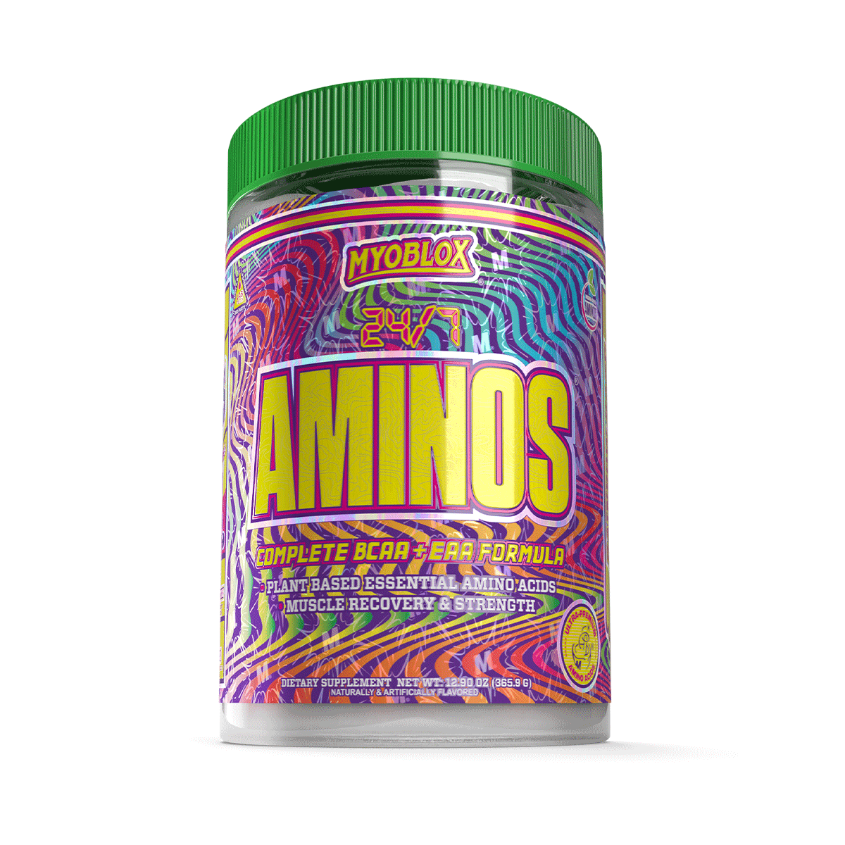 Container of MyoBlox 24/7 Aminos plant-based amino acids for muscle recovery