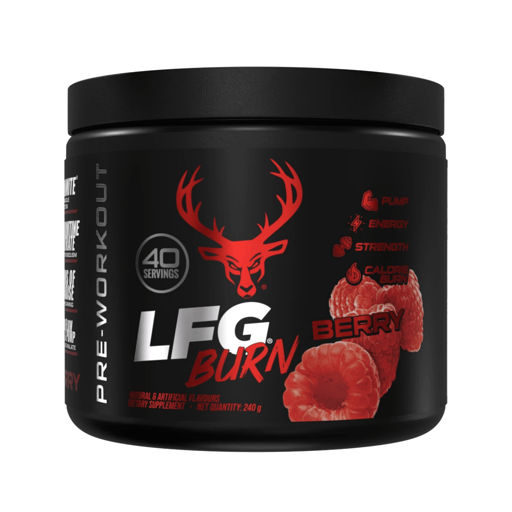 Black Bucked UP LFG pre-workout container with red deer logo and berry flavor to help transform stored fat with Himalayan rock salt and L-Carnitine Tartrate