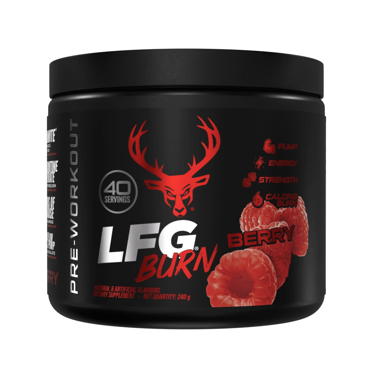 Black Bucked UP LFG pre-workout container with red deer logo and berry flavor to help transform stored fat with Himalayan rock salt and L-Carnitine Tartrate