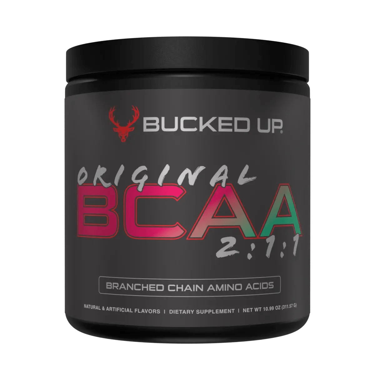 Dark gray tub of Bucked Up Original BCAA 2:1:1 for muscle growth and amino acids