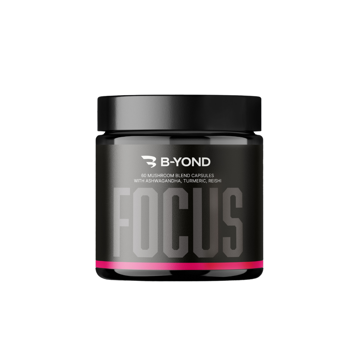 Black BYOND PERFORMANCE Focus Mushroom Capsules jar with pink stripe for mental clarity