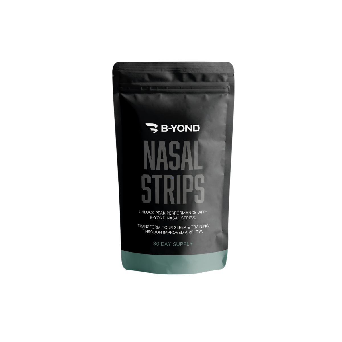 Black pouch of BYOND PERFORMANCE Nasal Strips with teal bottom for better sleep quality